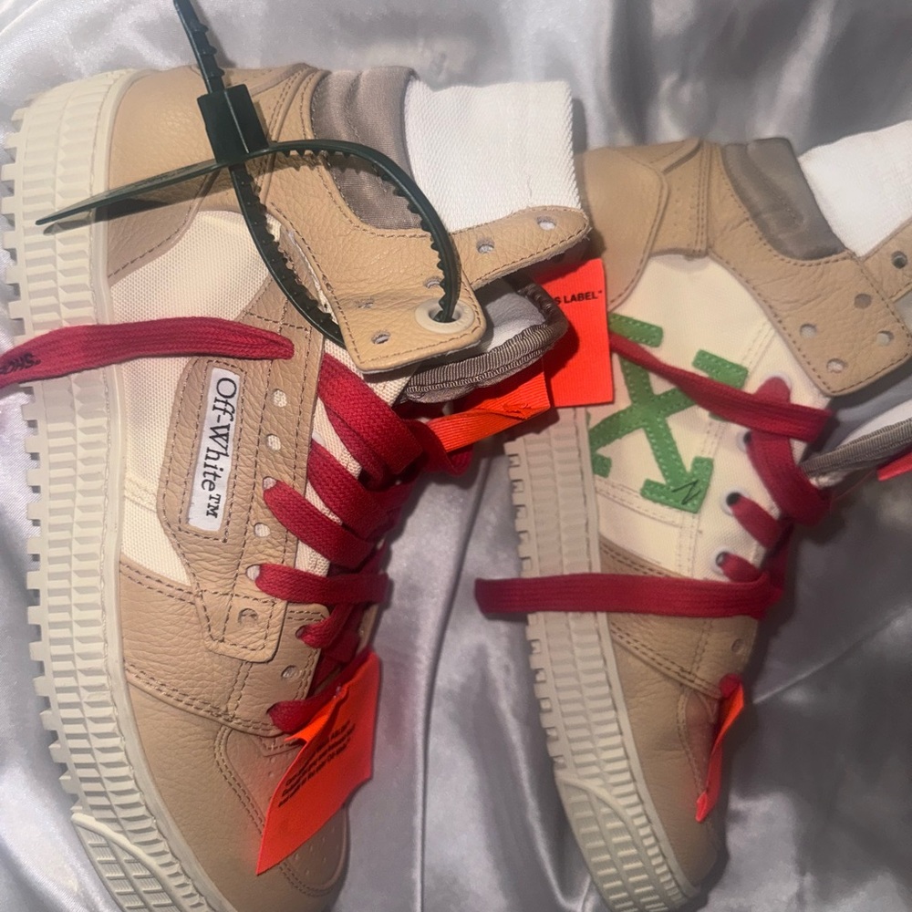 Off-White Tan and Red High-Top Sneakers
